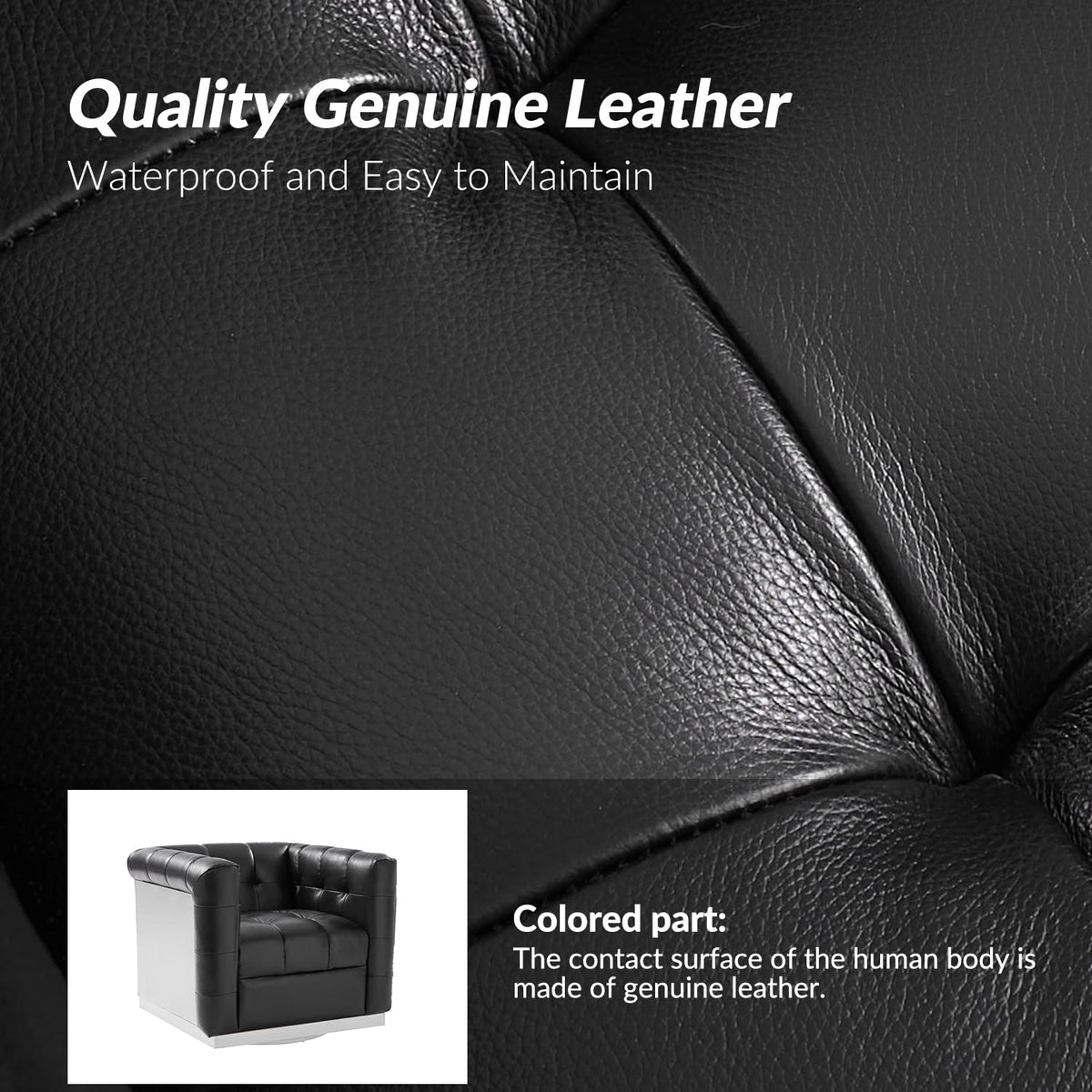 Genuine Leather Swivel Accent Chair with Wooden Base, Mid Century Modern Square Accent Chair Bedroom Club, Black