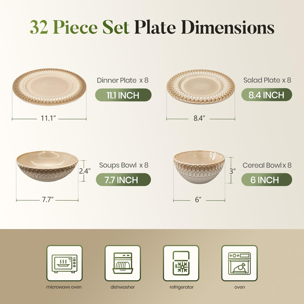 32pcs Stoneware Dinnerware Set for 8, Brown