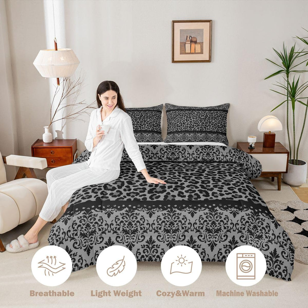 Black Grey Leopard Damask Print Adults Comforter Set All Season Gothic Antique Victorian Baroque Bedding Set with 2