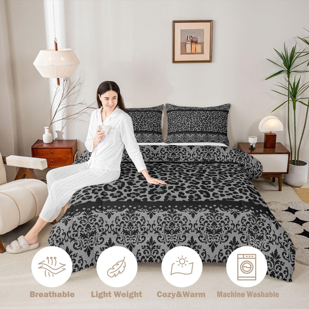 Black Grey Leopard Damask Print Adults Comforter Set All Season Gothic Antique Victorian Baroque Bedding Set with 2