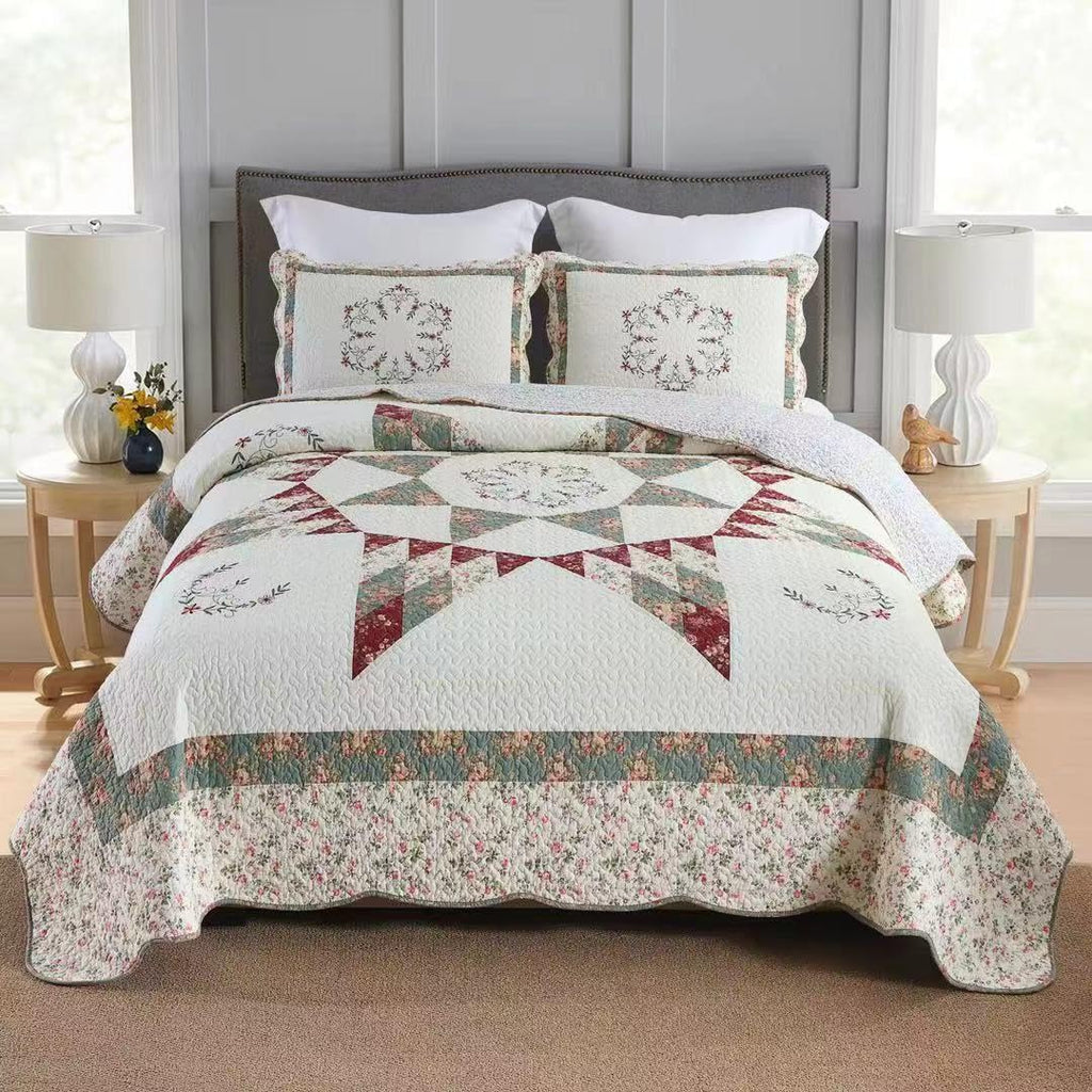 Cotton Bedspread Quilt Bedding Sets, 3 Pieces Reversible Coverlets Comforters Star with Green Floral Real Patchwork