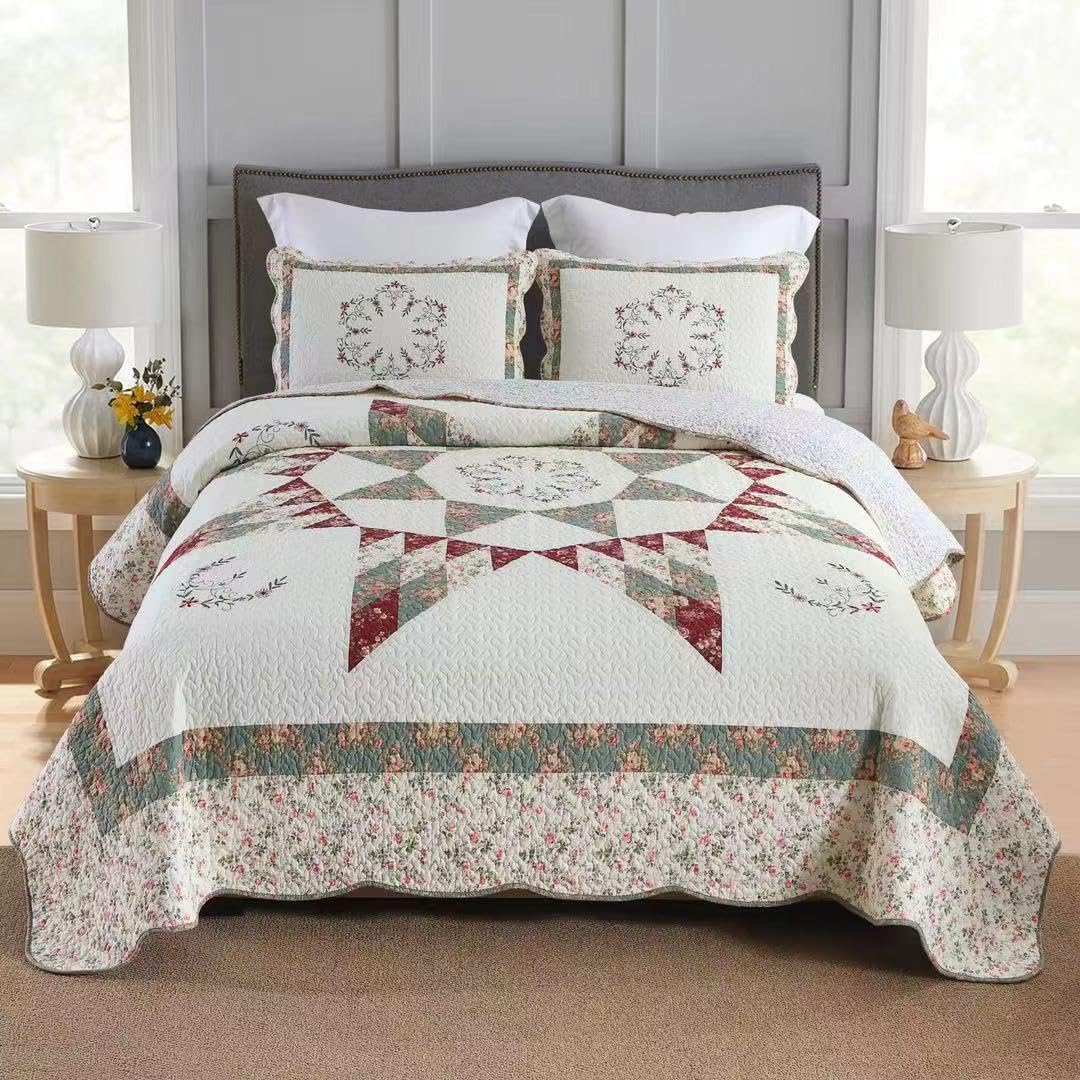 Cotton Bedspread Quilt Bedding Sets, 3 Pieces Reversible Coverlets Comforters Star with Green Floral Real Patchwork