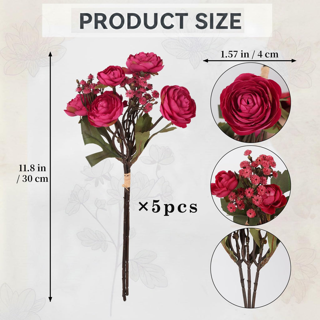 Hot Pink Ranunculus Artificial Flowers 5 Bouquets Fake Silk Mini Ranunculus with Stem 15PCS Faux Peonies Spring