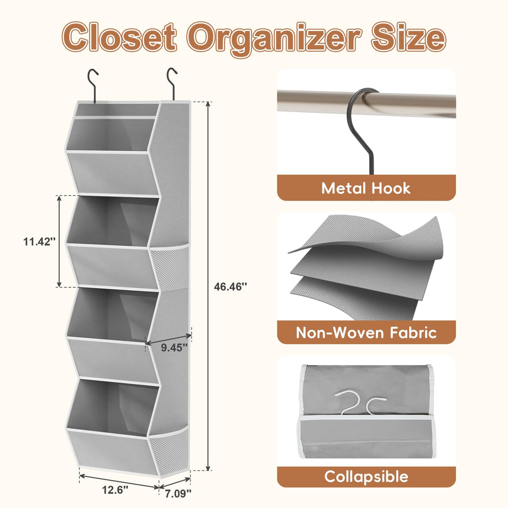 Closet Organizers and Storage Hanging with Mesh Pockets for Clothes, Grey