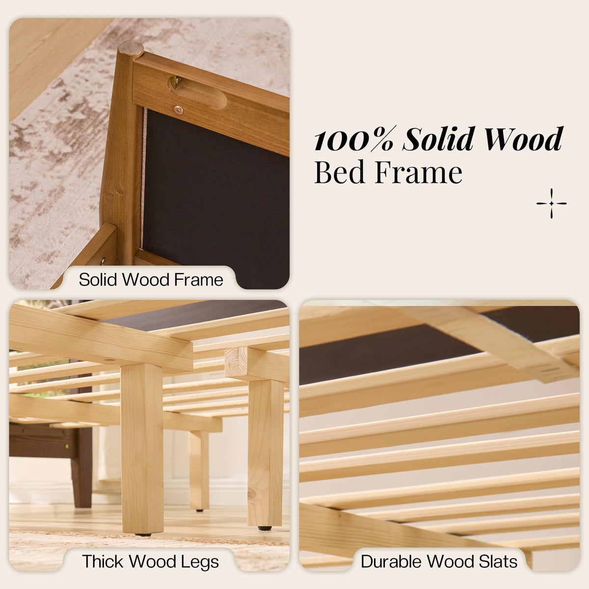 58" Tall Solid Wood California King Size Bed Frame with Upholstered Headboard & Footboard, Wooden Platform Bedframe