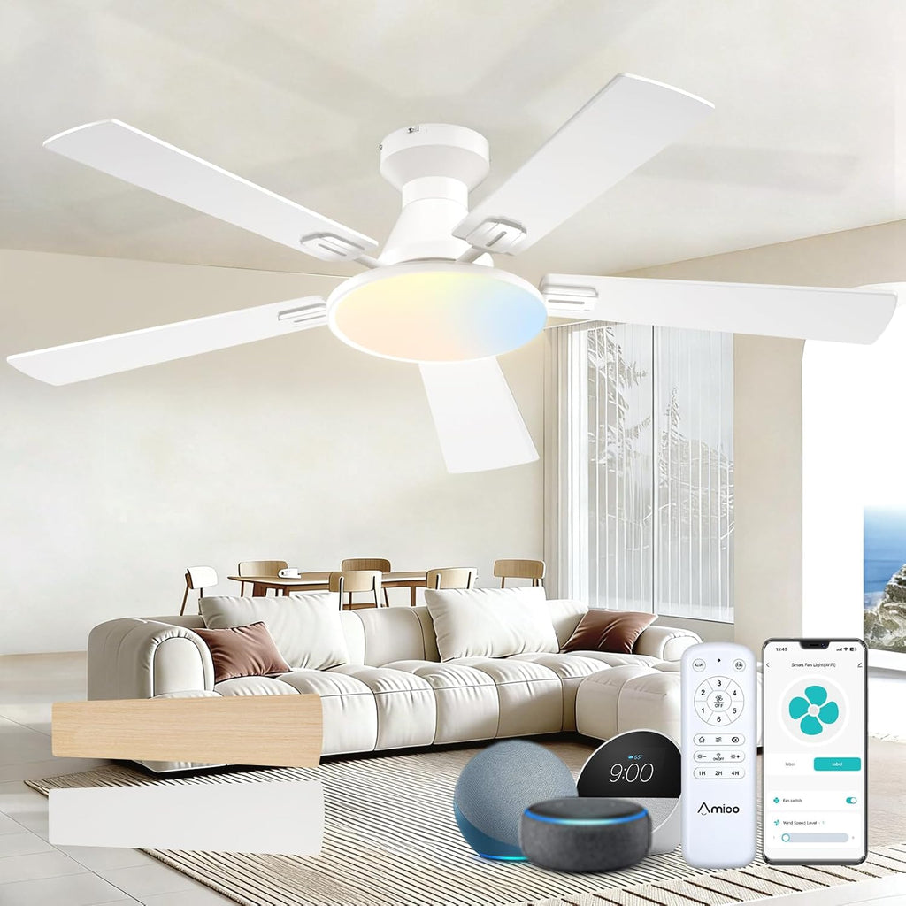52" Smart Flush Mount Ceiling Fan with Light & Remote