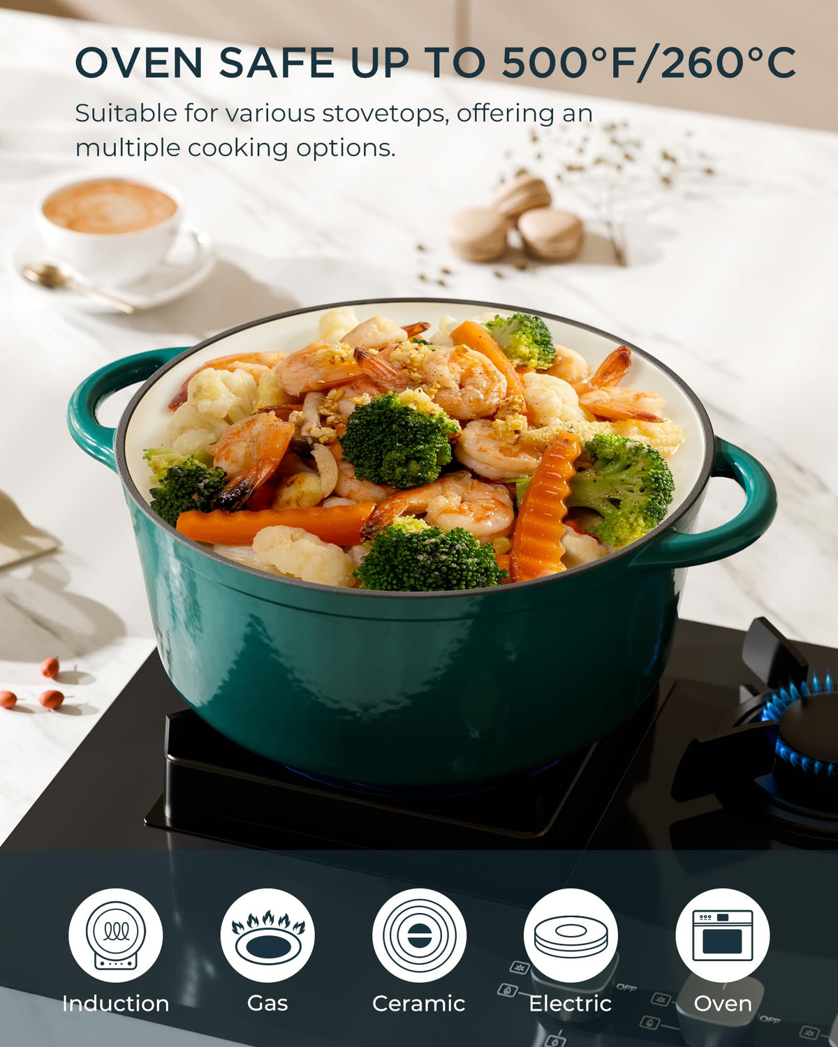 Enameled Cast Iron Dutch Oven, 6QT Pot with Lid, Bottle Green
