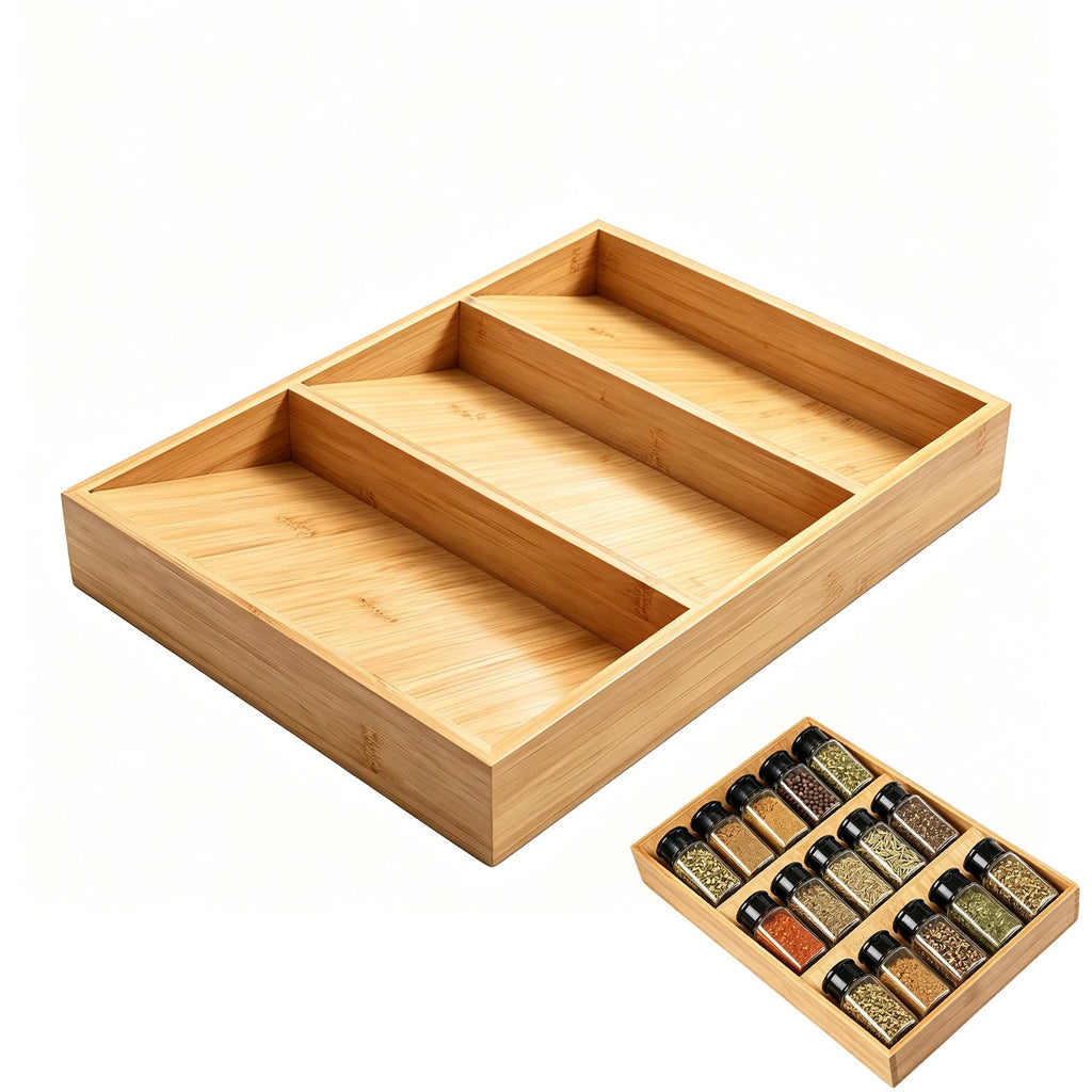 Spice Drawer Organizer for Cabinet, 3 Tier Bamboo Spice Rack Tray for Drawer, Kitchen Seasoning Organizer