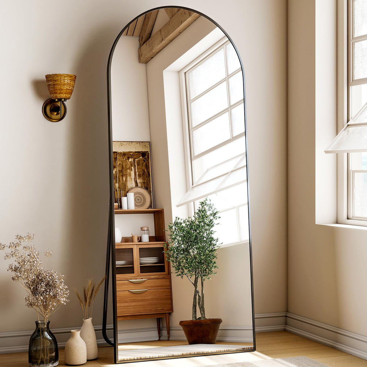 24x68 Black Arched Full Length Mirror Floor Mirror with Metal Frame