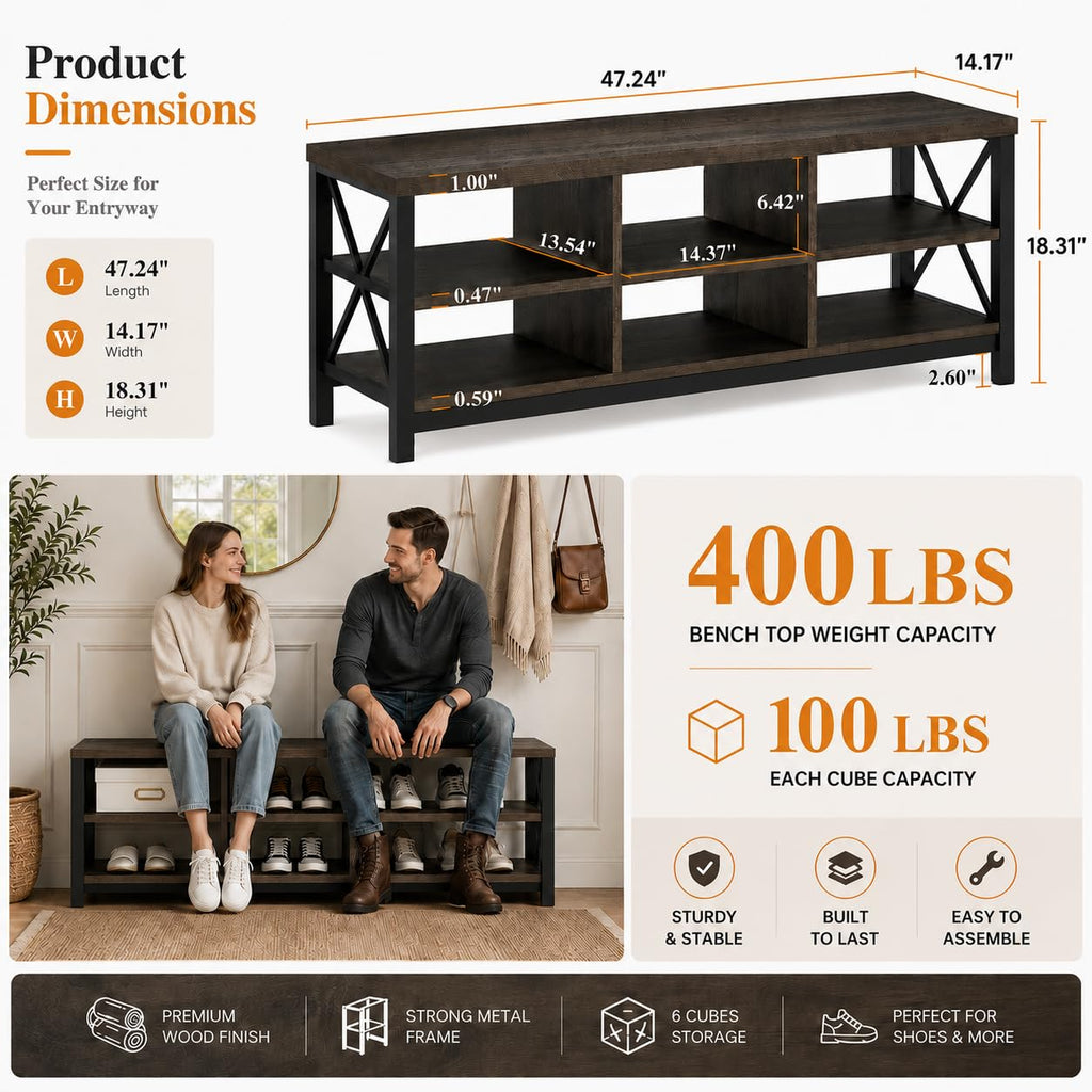 Industrial Shoe Bench with Storage, Rustic Entryway Bench