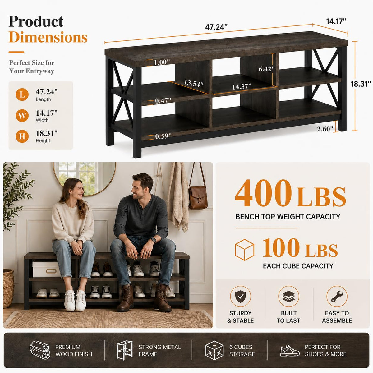 Industrial Shoe Bench with Storage, Rustic Entryway Bench
