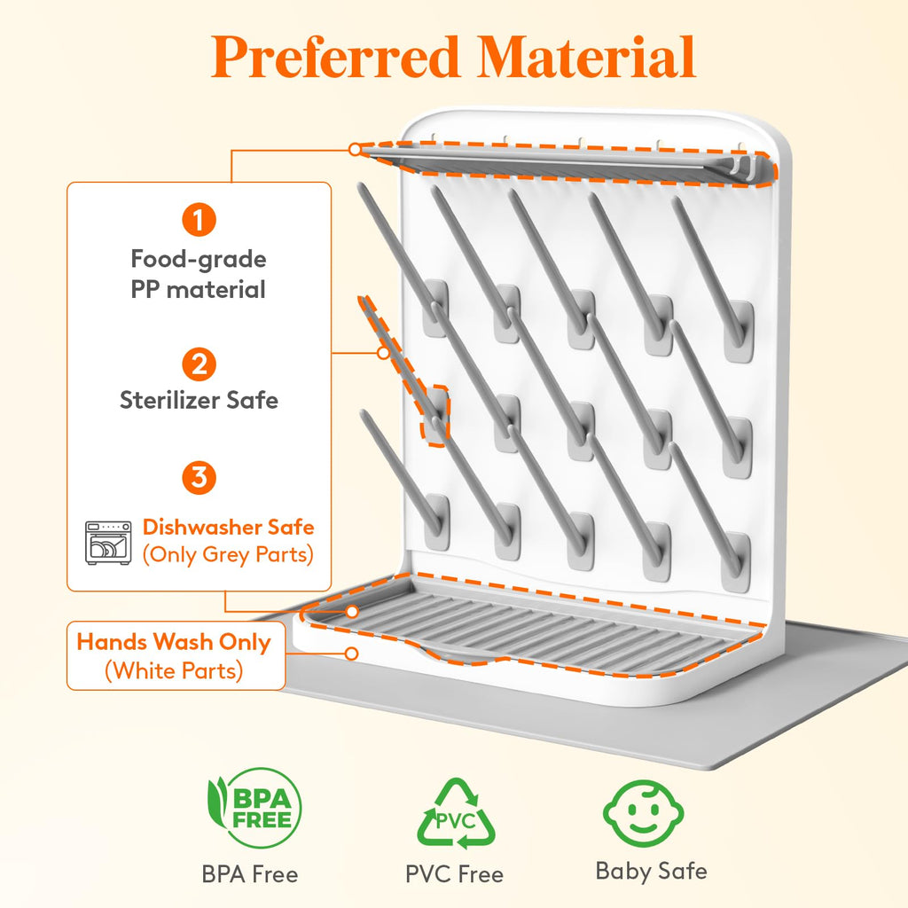 15-Hooks Baby Bottle Drying Rack with Drain Mat for Countertop