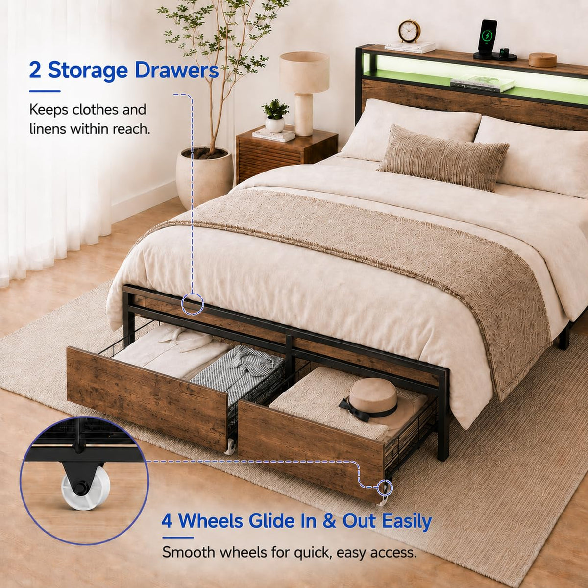 Full Size Bed Frame with Storage Drawers, Bed Frame Full Size with Headboard, LED Light, Charging Station with 3 USB