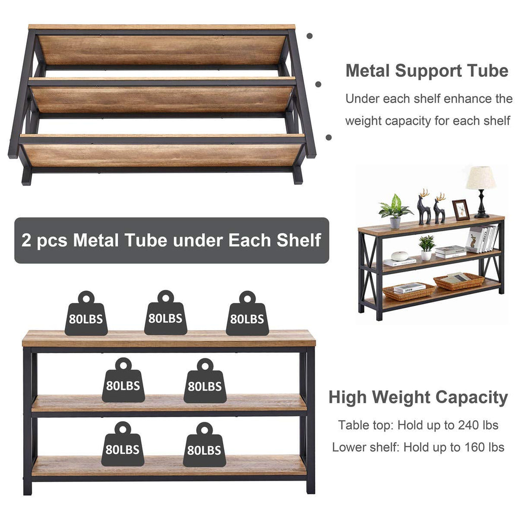 55" Console Table, 3 Tier Farmhouse Narrow Sofa Table, Rustic Oak