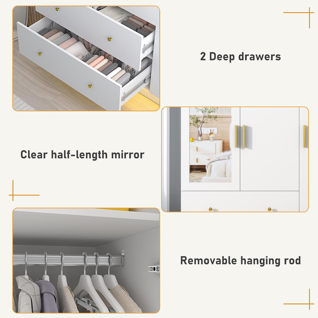3 Doors Armoire Wardrobe Closet with Mirror, LED Armoire with Doors and Drawers, Wooden Wardrobe Storage Cabinet with