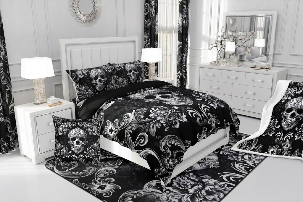 Gothic Skull Duvet Cover Queen Size Bohemian Victorian Style Retro Floral Comforter Cover for Teens Adults Halloween