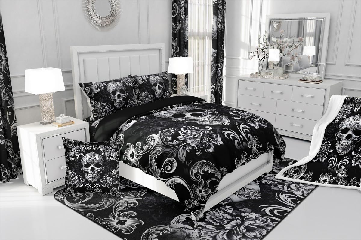 Gothic Skull Duvet Cover Queen Size Bohemian Victorian Style Retro Floral Comforter Cover for Teens Adults Halloween