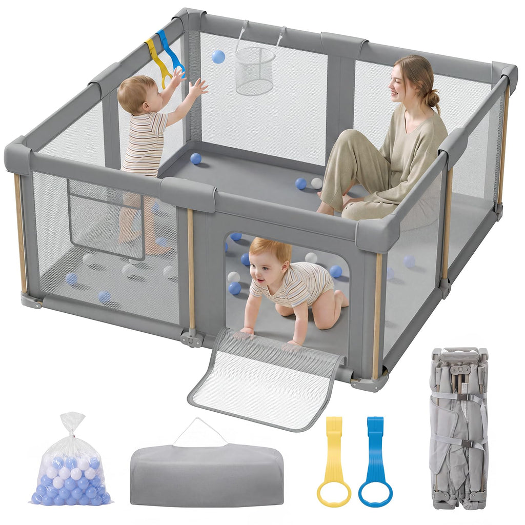 Foldable Baby Playpen, 59 x 59 Collapsible Play Pen for Babies 6-12 Months
