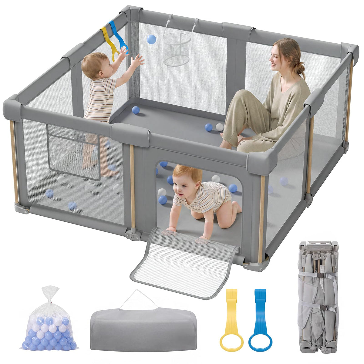 Foldable Baby Playpen, 59 x 59 Collapsible Play Pen for Babies 6-12 Months