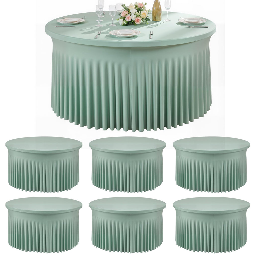 6 Pack Sage Green Spandex Round Tablecloths for 60 inch Table, Wrinkle Free Stretchy 120inch Fitted 5FT Round Table