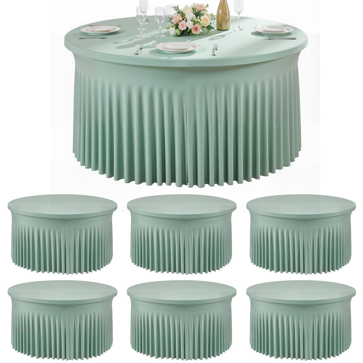 6 Pack Sage Green Spandex Round Tablecloths for 60 inch Table, Wrinkle Free Stretchy 120inch Fitted 5FT Round Table