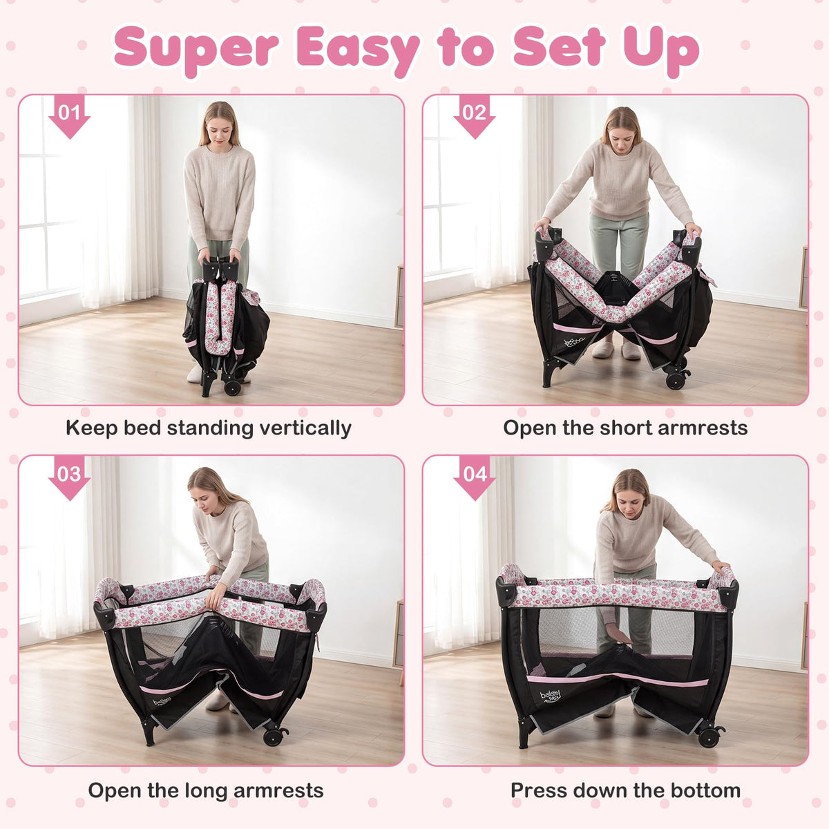 4 in 1 Play Yard, Portable Baby Playard with Bassinet & Flip-Away Changing Table, Canopy, Portable Bedside