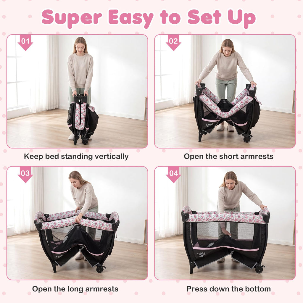 4 in 1 Play Yard, Portable Baby Playard with Bassinet & Flip-Away Changing Table, Canopy, Portable Bedside