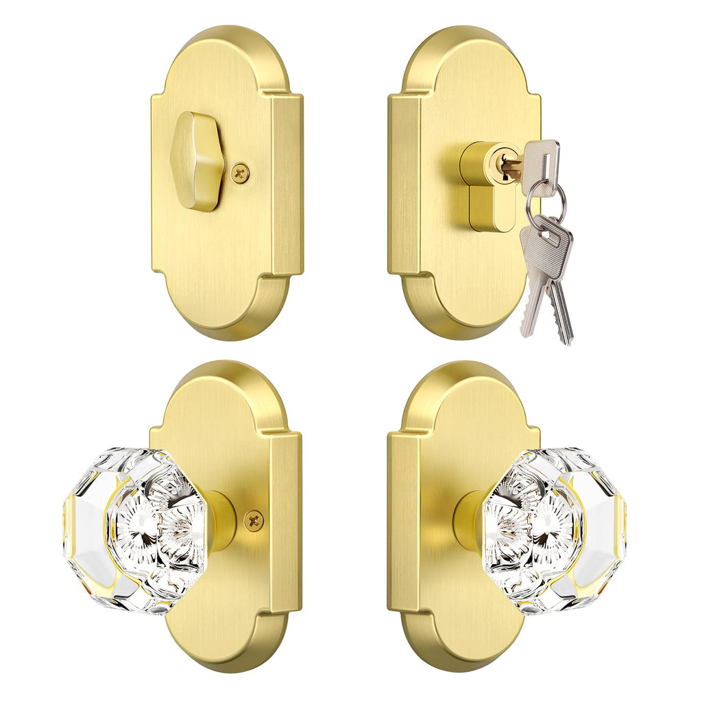 Satin Gold Door Knobs with Deadbolt, Glass Door Knob with Deadbolt Lockset