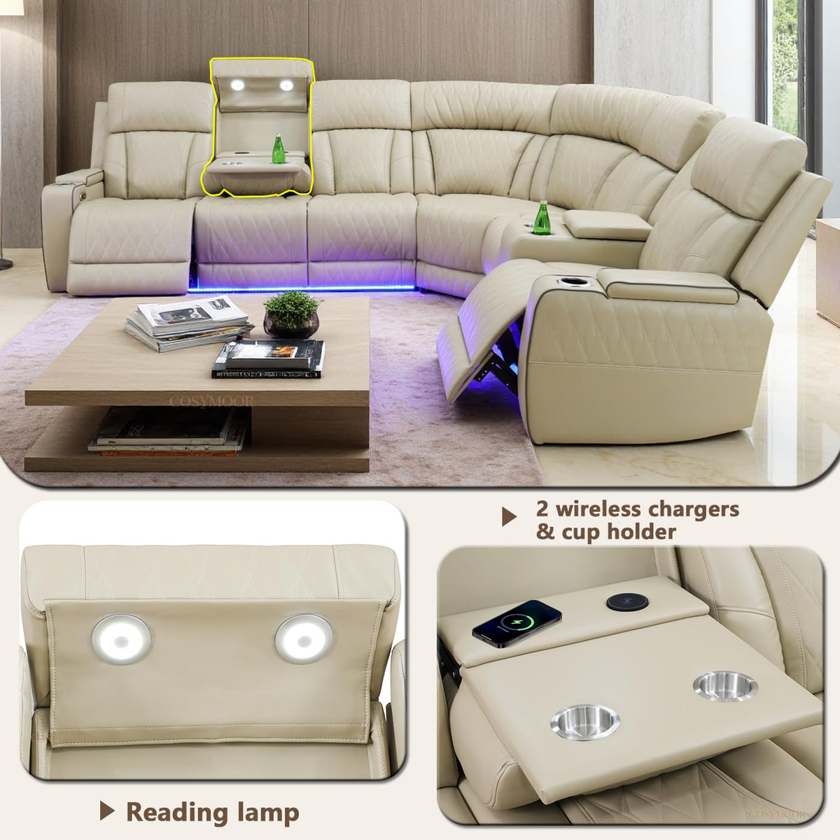 Living Room Furniture Sets, Power Recliner Sectional Sofa with LED Light