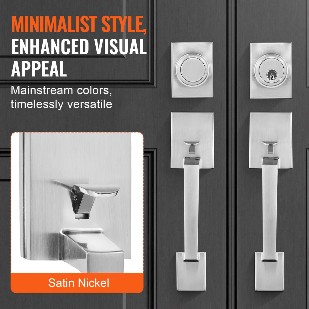 Double Door Handle Set, Double Door Lock Set with Reversible Handle Lever, Satin Nickel Square Door Lever, Heavy Duty