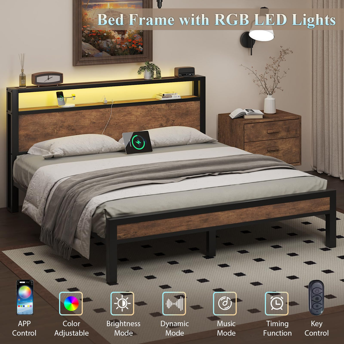 Bed Frame with Storage Headboard and LED Lights, Rustic Brown