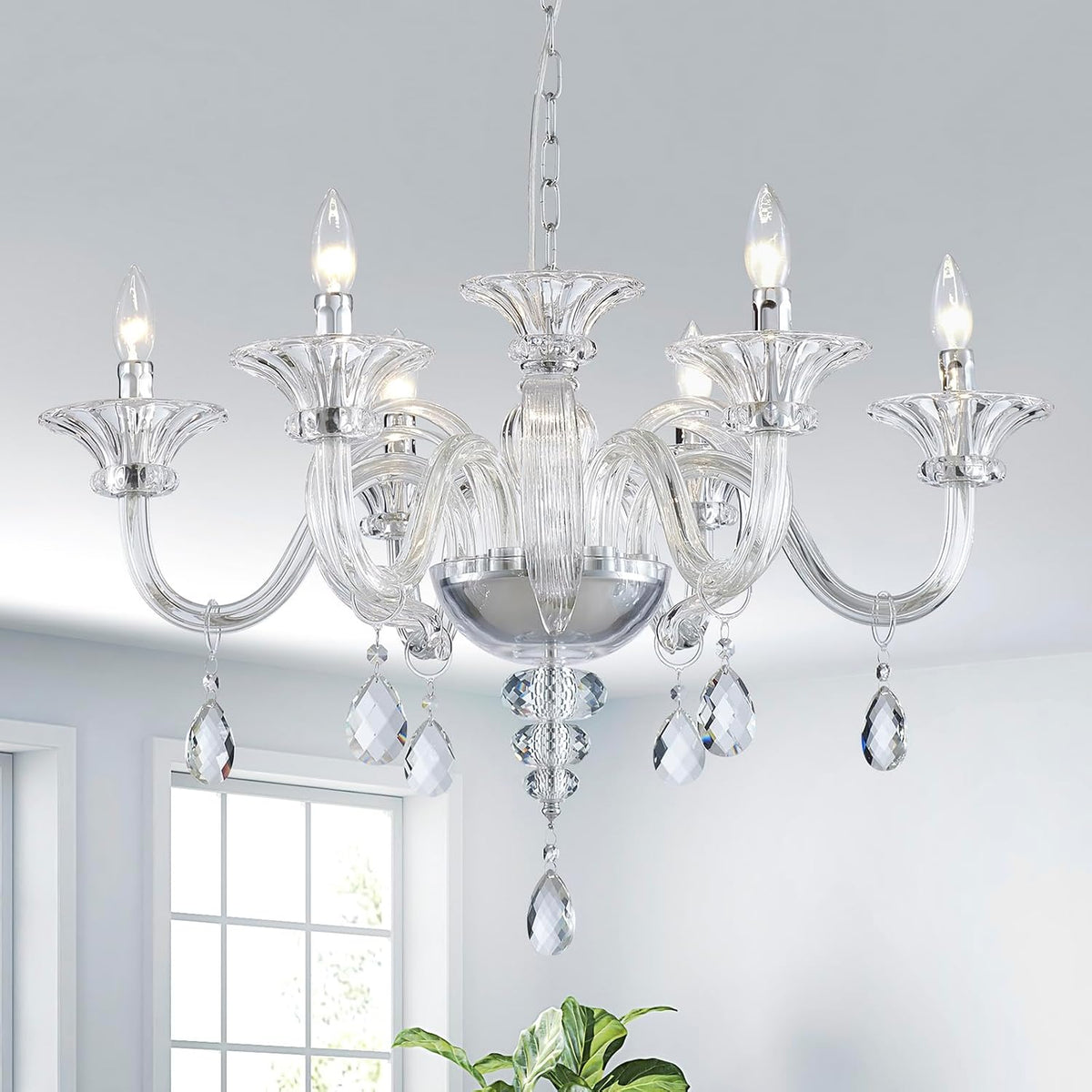 Six-Light Contemporary Crystal Chandelier with Tiered Teardrop Pendants