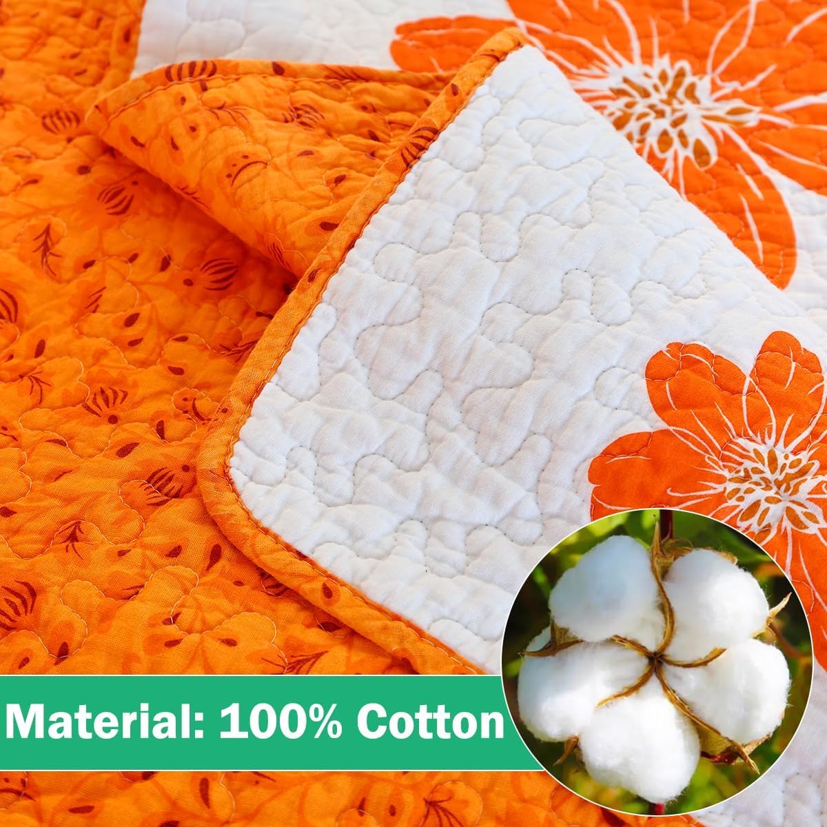 100% Cotton Quilt Set Orange Sunflower Floral Bedding Sets with Pillow Shams Breathable Lightweight