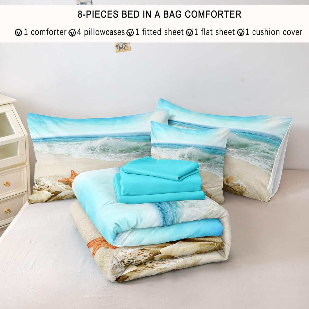 Beach Themed Comforter Set - Sheets, Starfish Sea Life Printed - Women's Adult Coastal Bedding - Aqua
