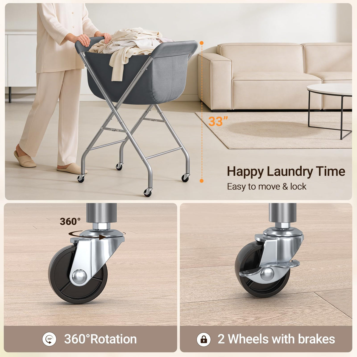 Laundry Basket with Wheels, Collapsible Laundry Hamper, Gray