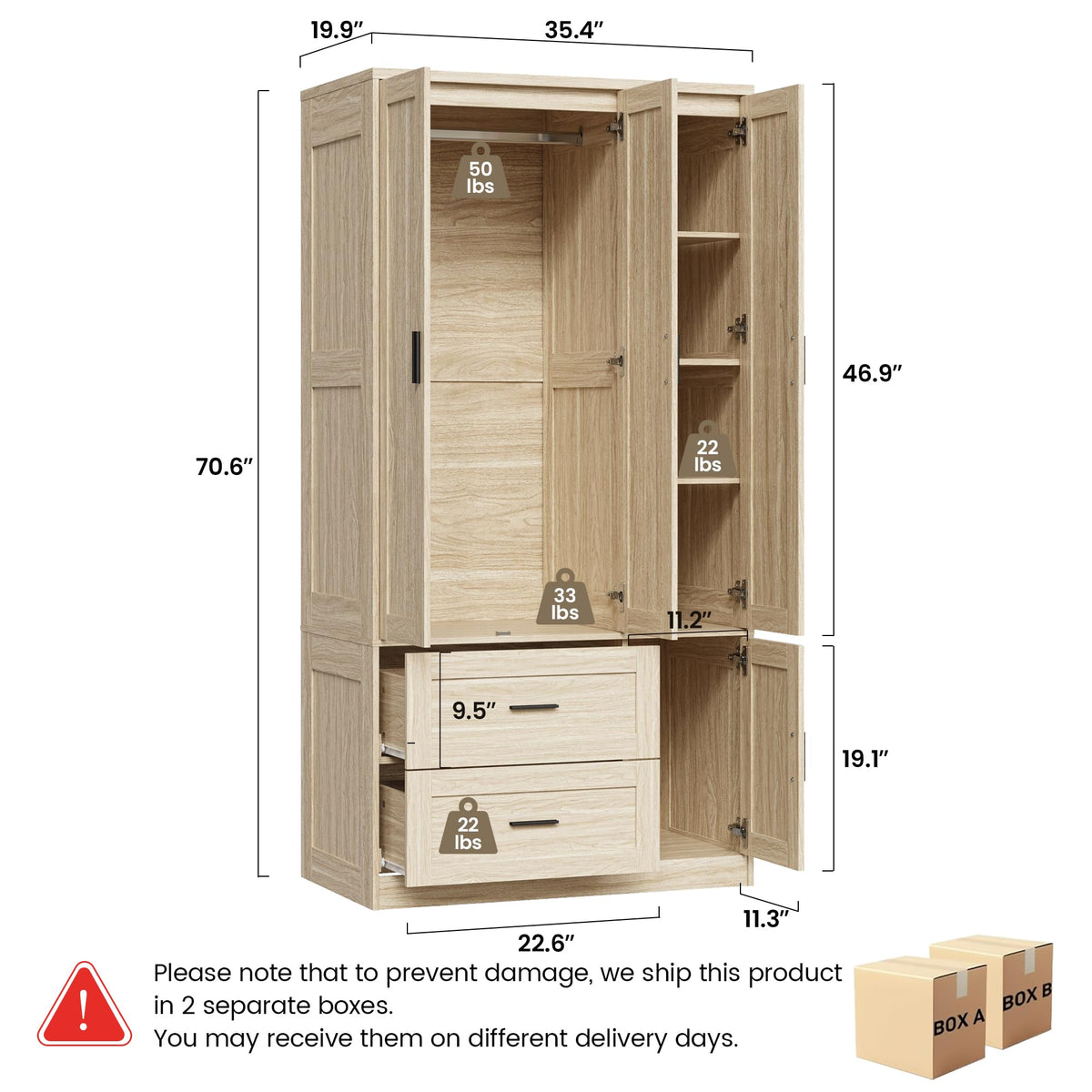 70.6 Inch Armoire Wardrobe Closet with Drawers (Light Oak)
