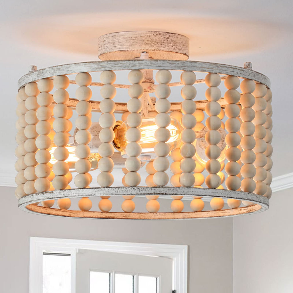 Wood Beaded Boho Chandelier Light Fixture, Semi Flush Mount Ceiling Light 3-Light Rustic Nursery Close to Ceiling
