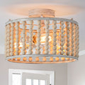 Wood Beaded Boho Chandelier Light Fixture, Semi Flush Mount Ceiling Light 3-Light Rustic Nursery Close to Ceiling