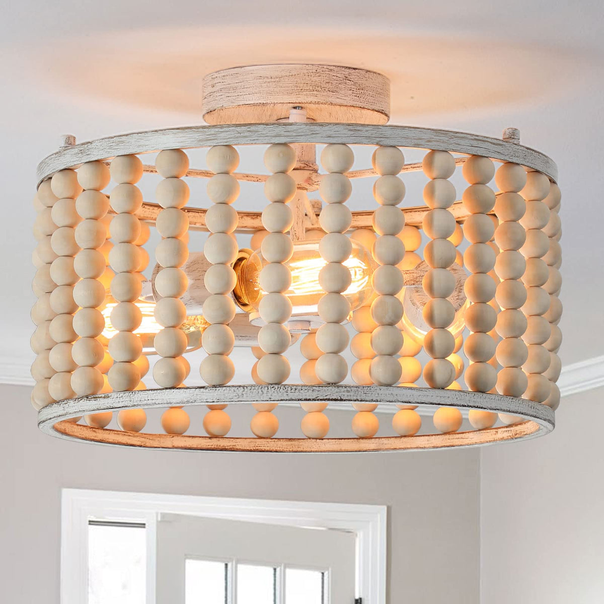 Wood Beaded Boho Chandelier Light Fixture, Semi Flush Mount Ceiling Light 3-Light Rustic Nursery Close to Ceiling
