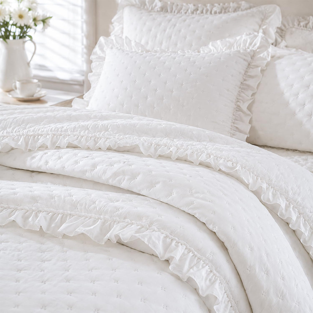 White Quilt Set, Oversized Ruffle Farmhouse Bedding