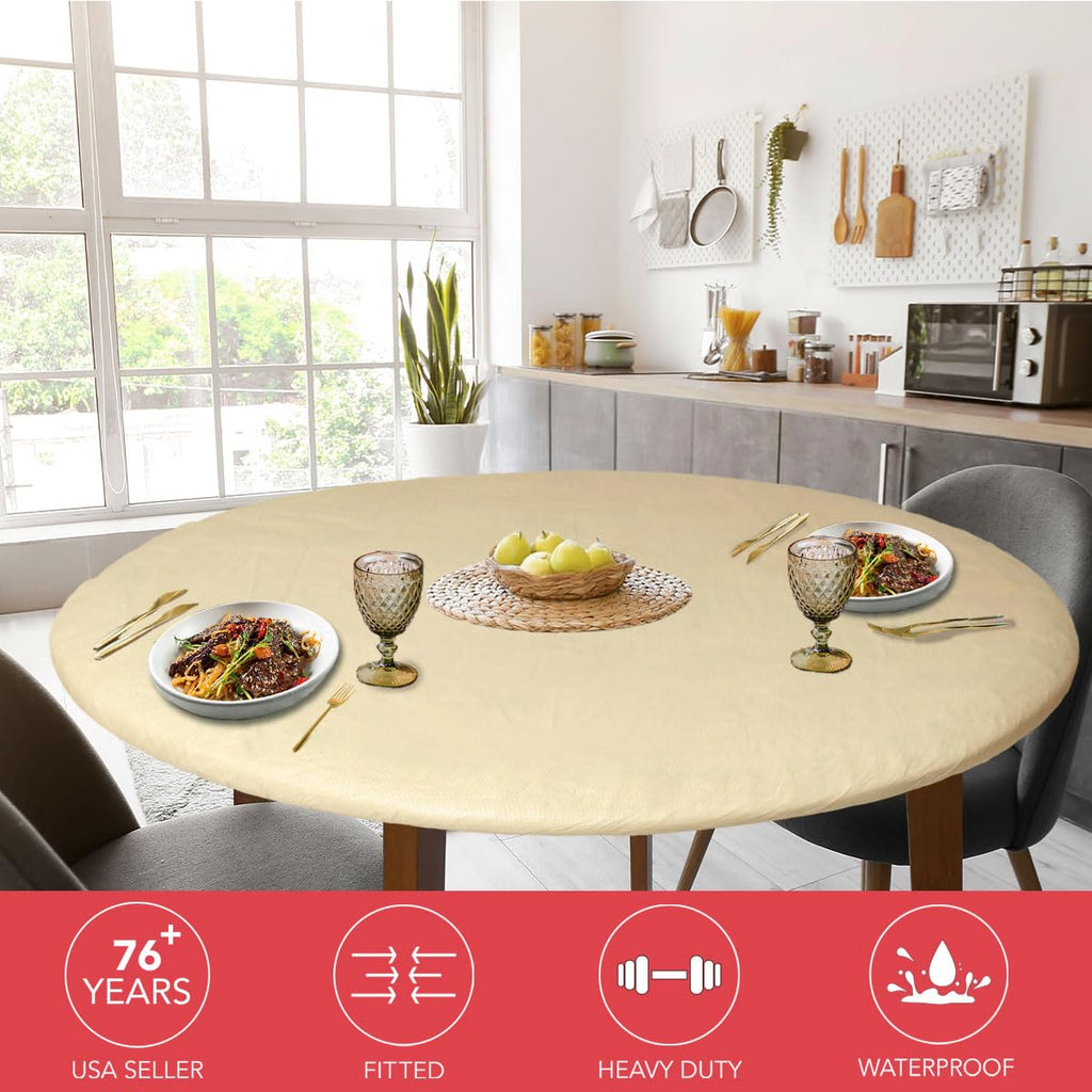 Round Tablecloth, Vinyl, Flannel Backed, Beige, Small