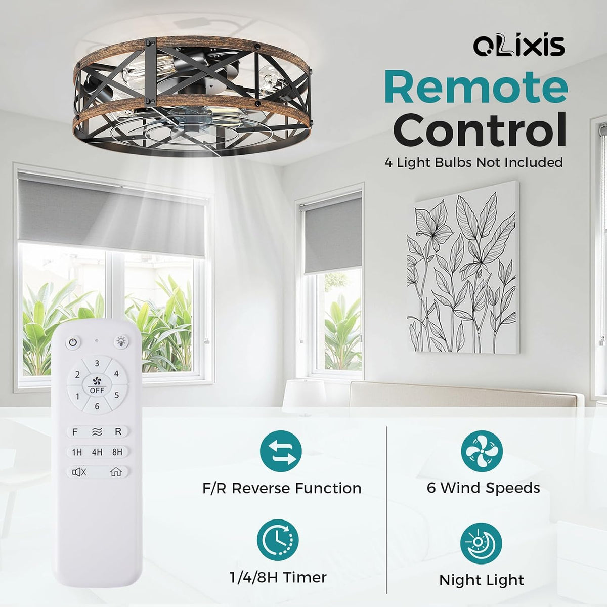 19" Flush Mount Caged Chandelier Ceiling Fan with Light & Remote