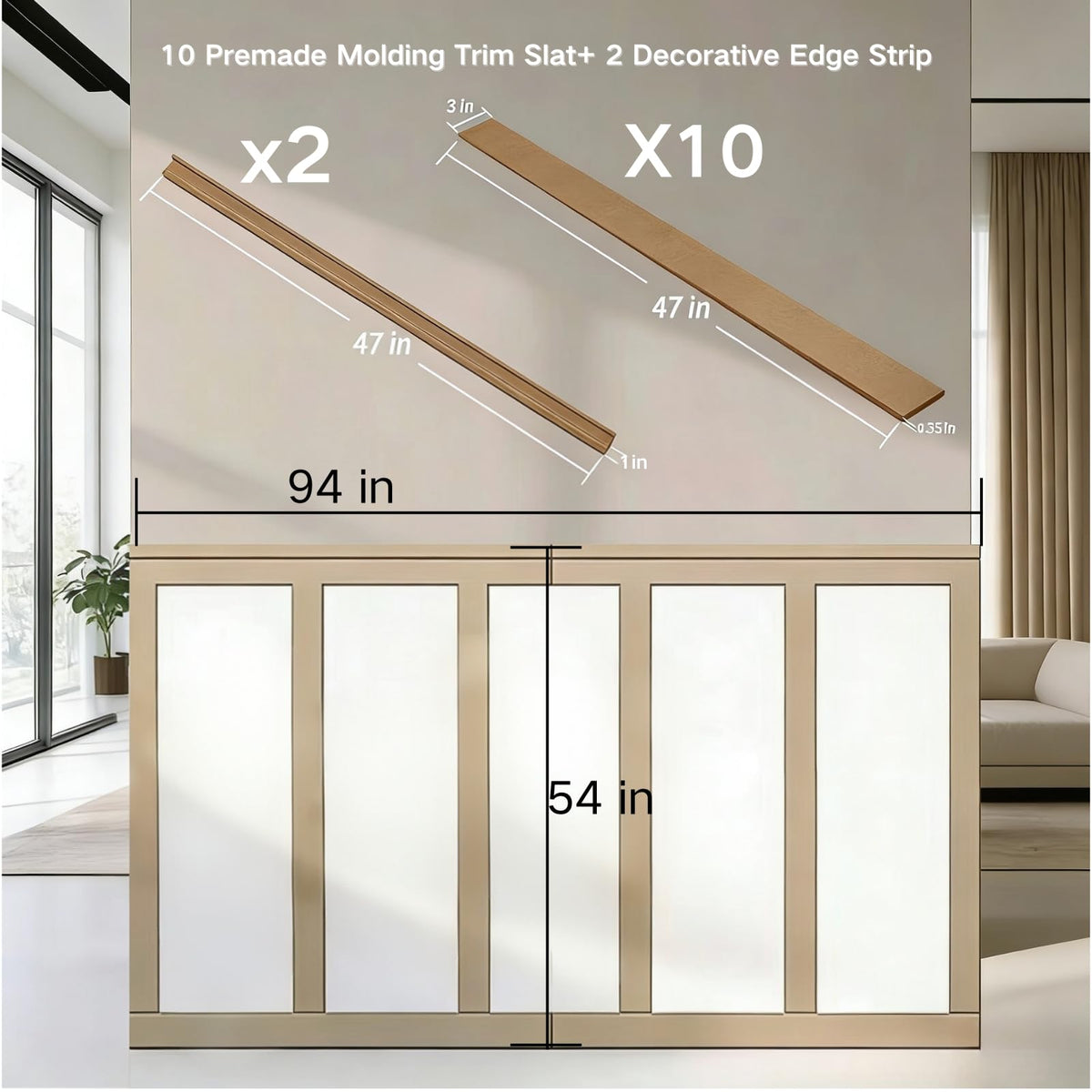 94.5 x 54 Inch MDF Premade Board and Batten Paintable Wainscoting Kit