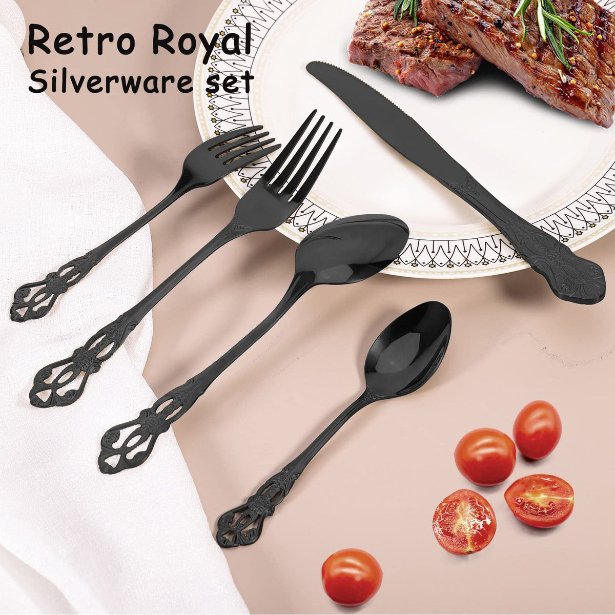 Black Silverware Set for 8, Stainless Steel Gorgeous Retro Royal Flatware Set, 40-Pieces Cutlery Tableware set