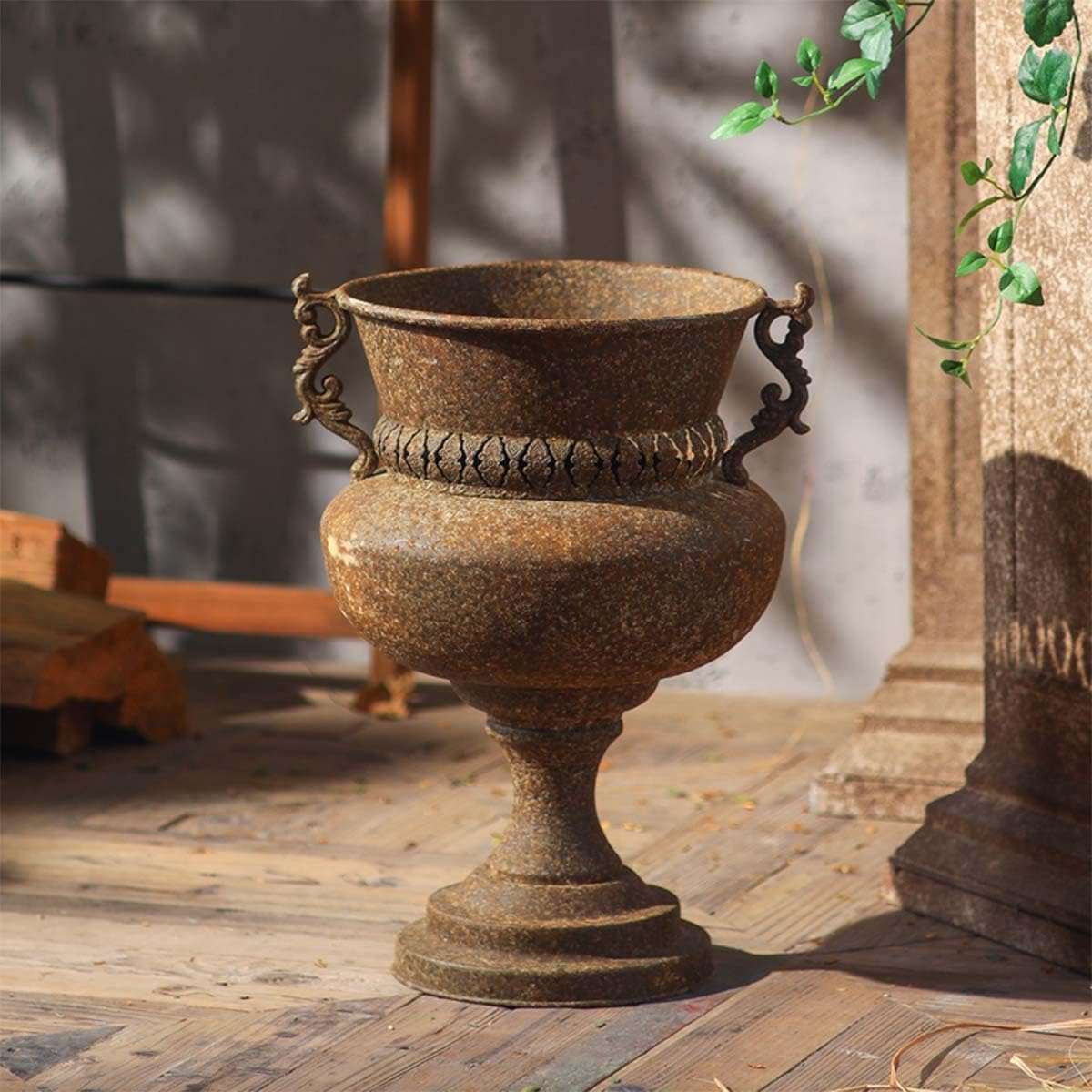Metal Urn Planter with Handles, Rustic Brown | Ornate Scroll Handles, Pedestal Base Design, Indoor & Outdoor Use