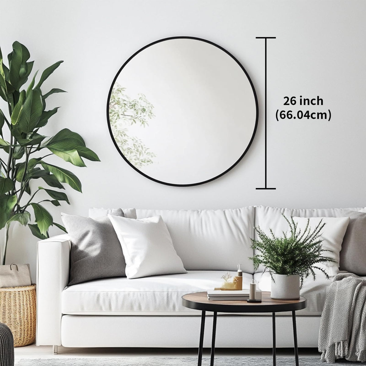 Round Mirror, 26 inch Black Circle Mirror, Matte Black Metal Frame
