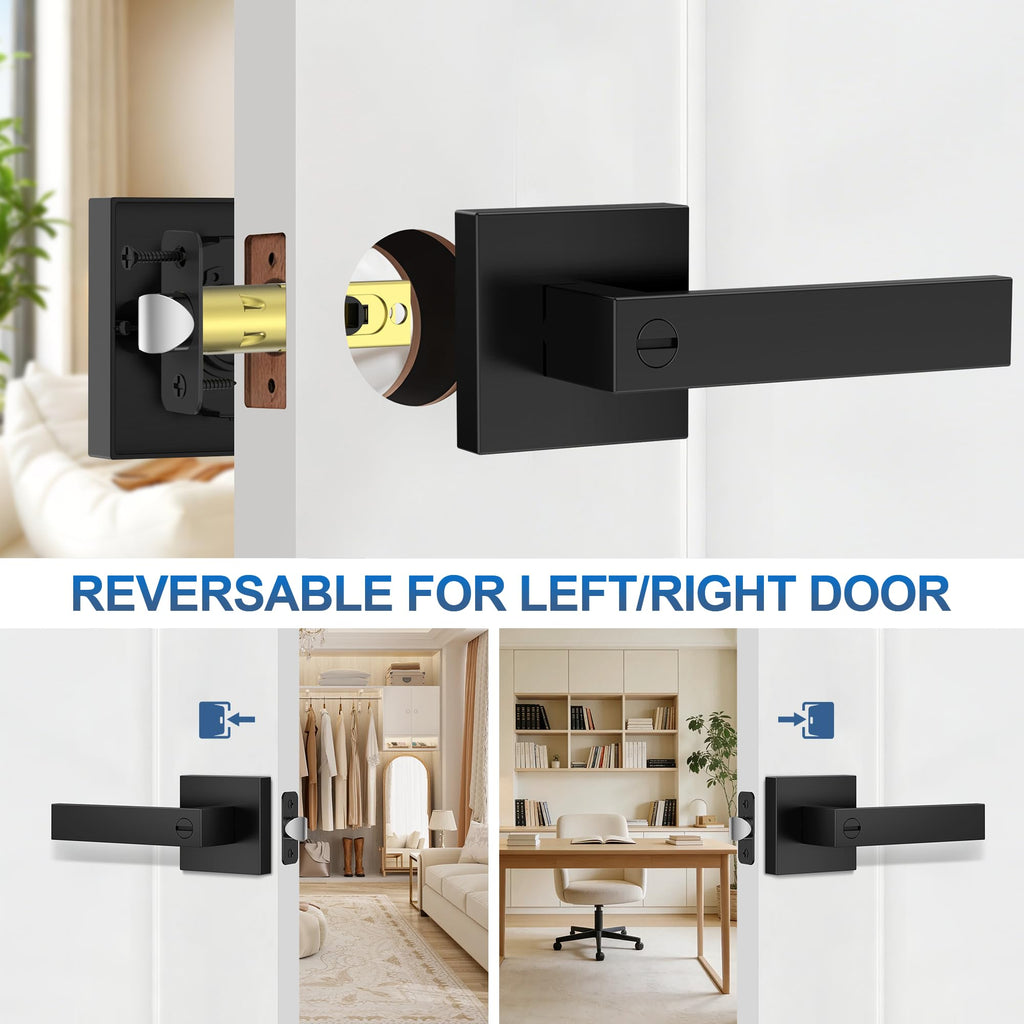 6 Pack Matte Black Door Handles Interior, Keyless Interior Door Knobs, Privacy Door Locks Bathroom, Heavy Duty Square