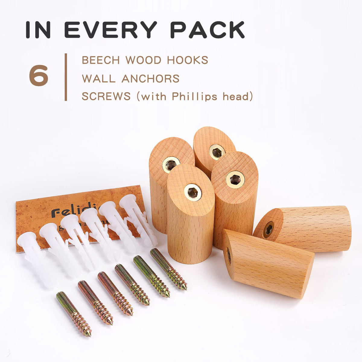 Wood Wall Hooks, 6 Pack Natural Wooden Coat Hooks Wall-Mounted, Rustic Heavy Duty Hook for Hanging Towels Coats