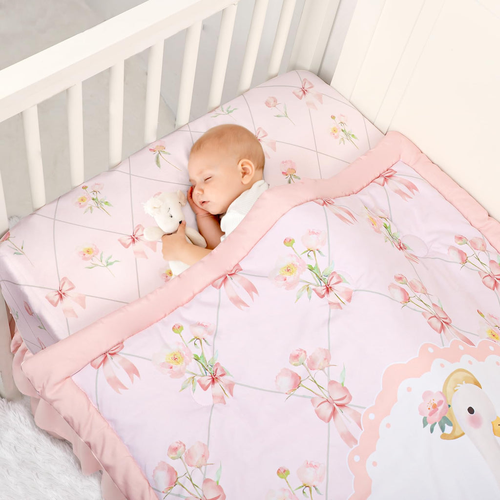 4-Piece Crib Bedding Set for Girls, Baby Nursery Bedding Sets Pink Includes Comforter, Fitted Crib Sheet, Crib Skirt