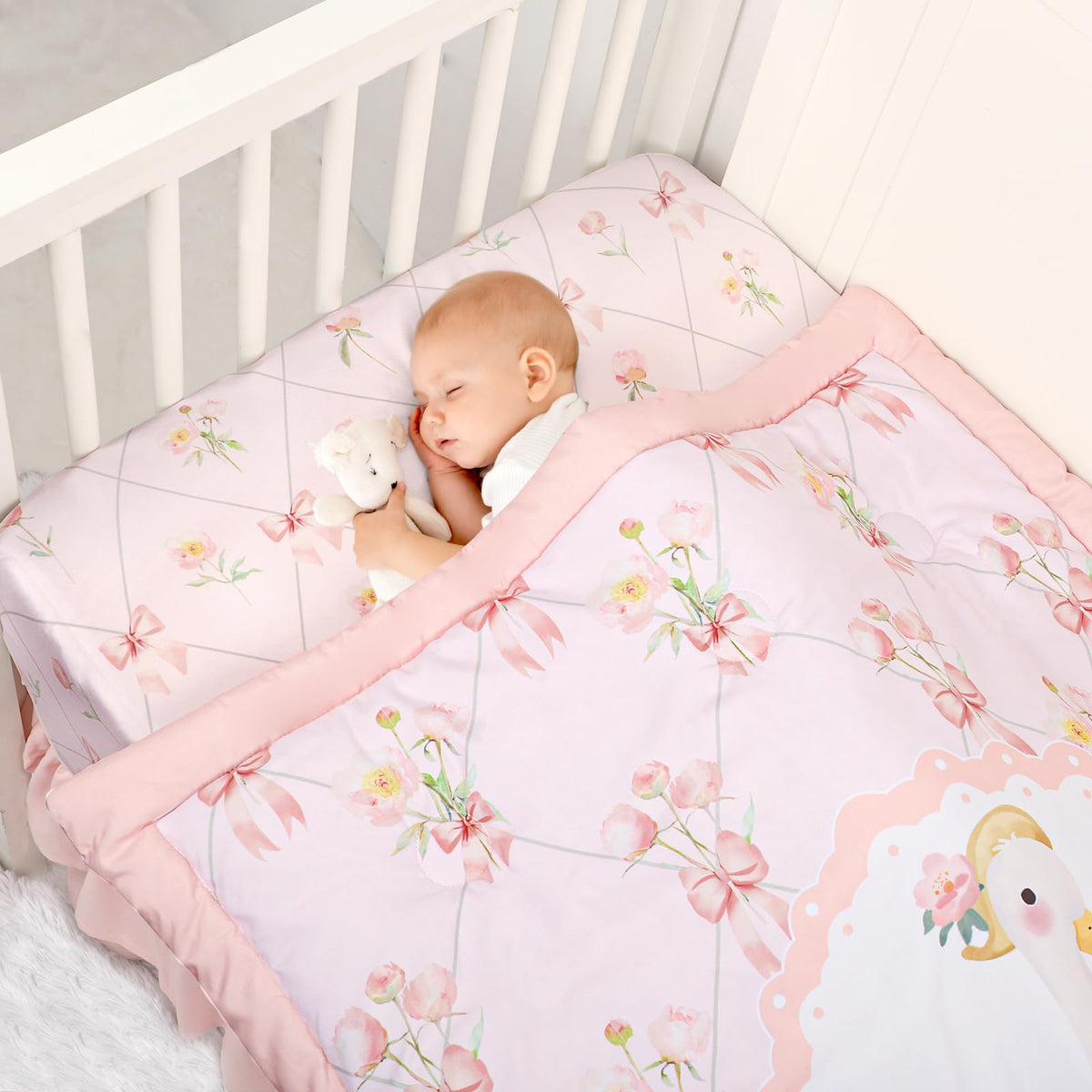 4-Piece Crib Bedding Set for Girls, Baby Nursery Bedding Sets Pink Includes Comforter, Fitted Crib Sheet, Crib Skirt